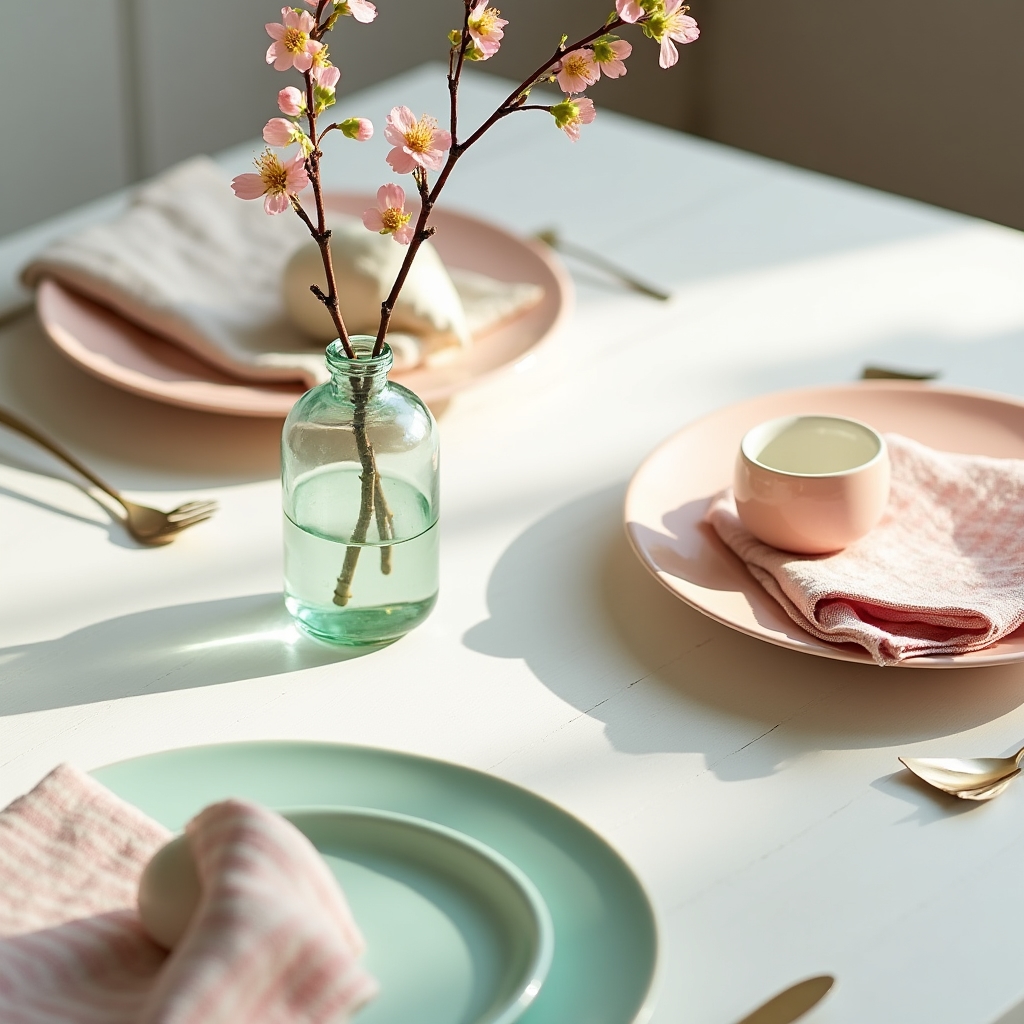Frühlingshaft gedeckter Tisch mit pastellfarbenen Servietten und Zweigen