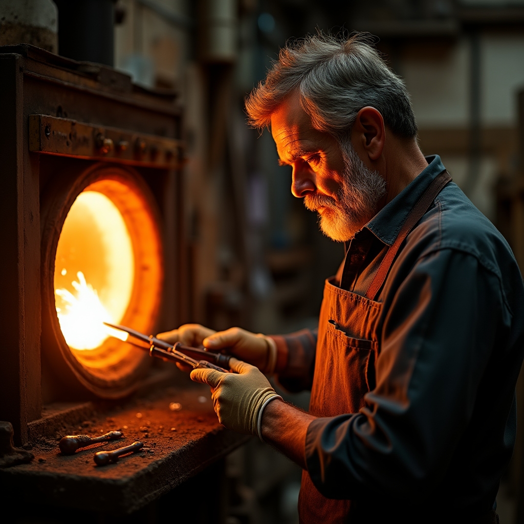 Glasbläser arbeitet an einer Glaswerkstatt mit geschmolzenem Glas