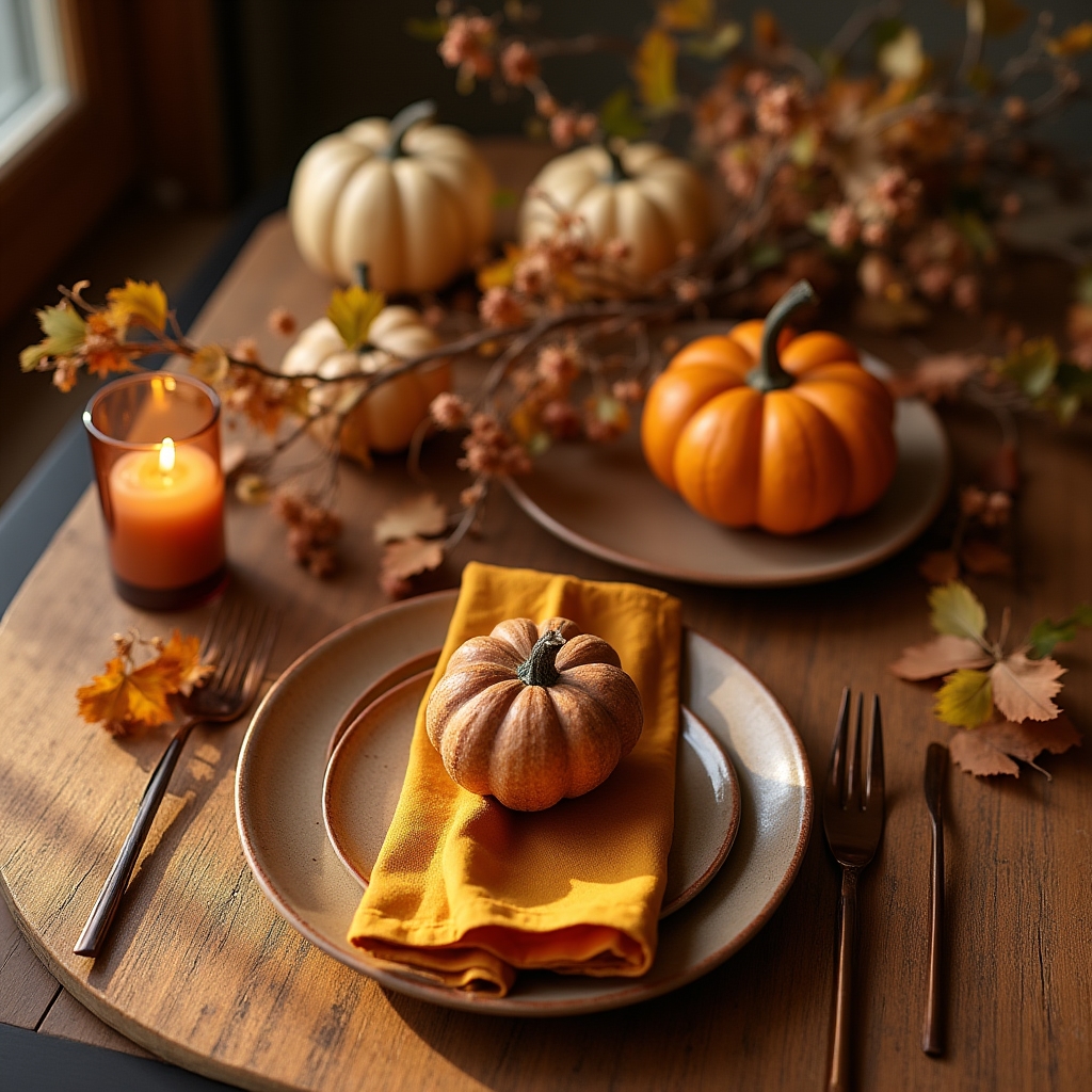 Herbstlich gedeckter Tisch in warmen Erdtönen ohne klassische Kürbisdekoration