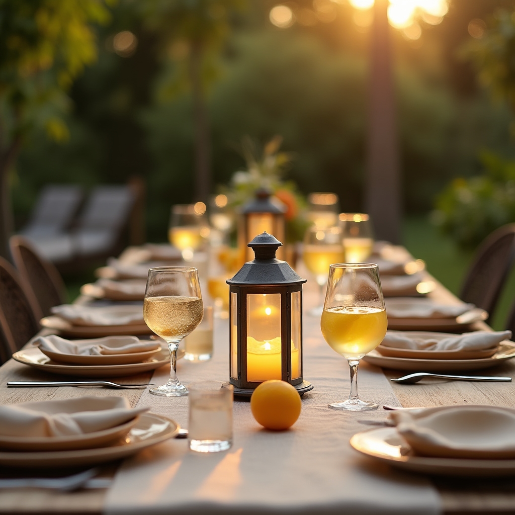 Sommerlich gedeckter Tisch auf einer Terrasse im Abendlicht