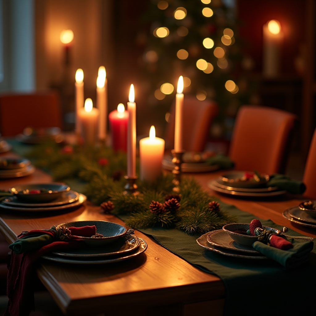 Weihnachtlich gedeckter Tisch mit mehreren Kerzen und gemischtem Geschirr